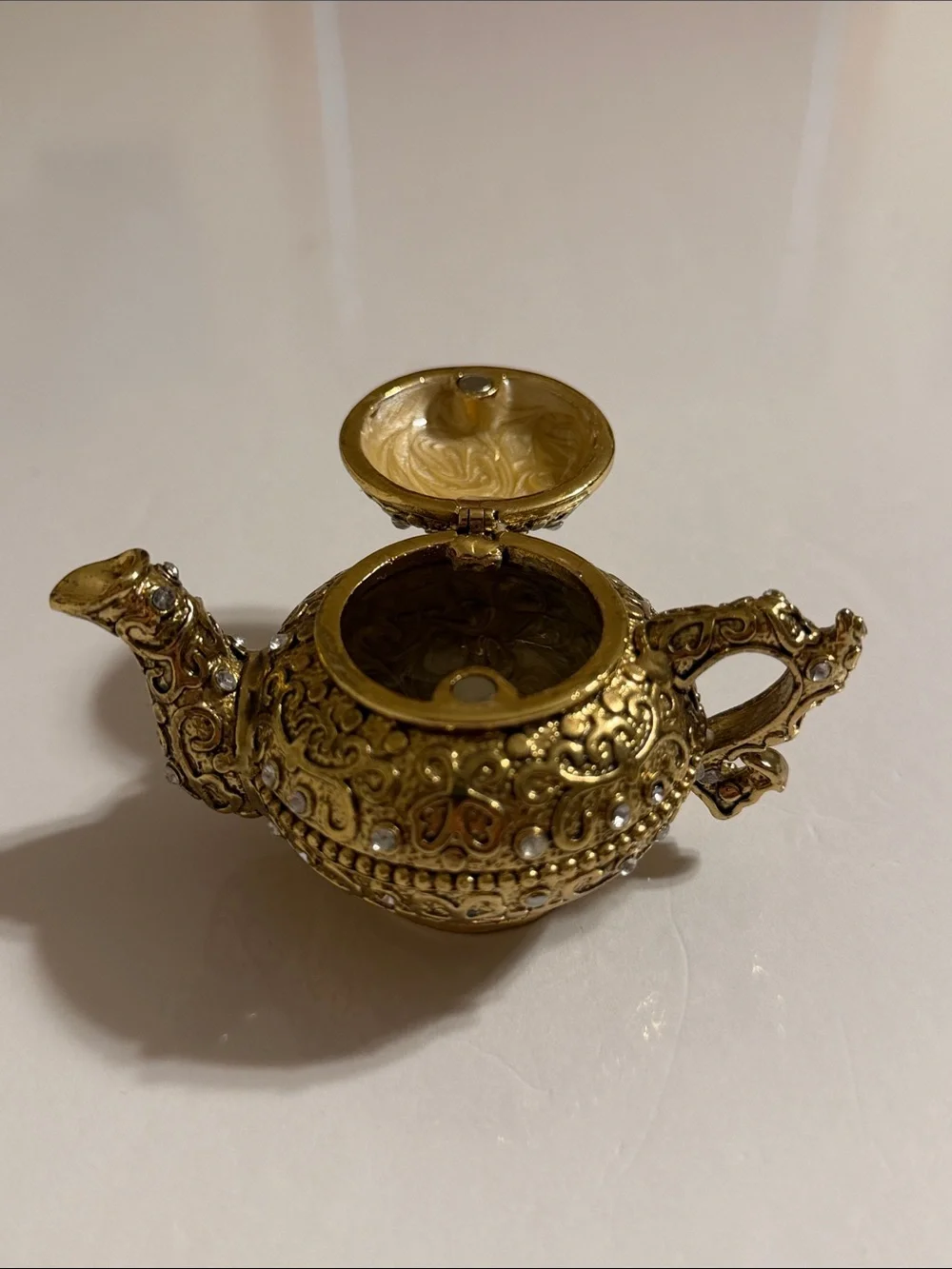 Ornate Gold Tone Decorative Trinket Teapot Accent with Crystals and Embroidery